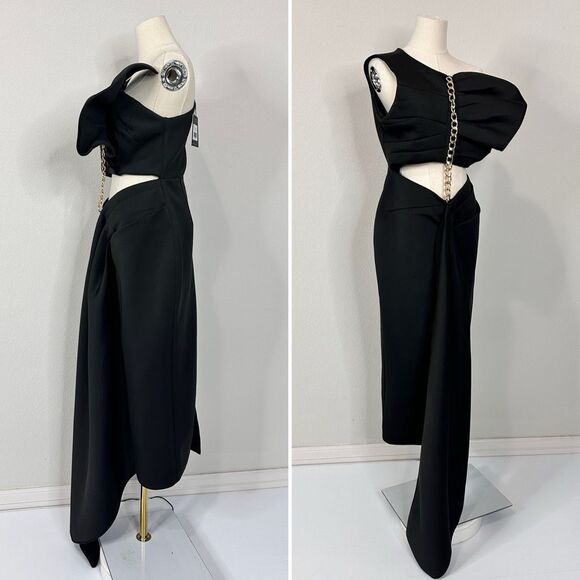 Eliya The Label Valorie Dress Black One Shoulder Chain Detail Aus L/ US M Glam - Picture 5 of 11